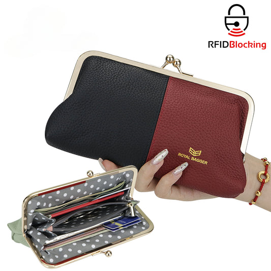 Royal Bagger RFID Contrast Clutch Purses for Women, Leather Evening Bag with Kiss Lock, Multi Layer Mobile Phone Wallet 1868